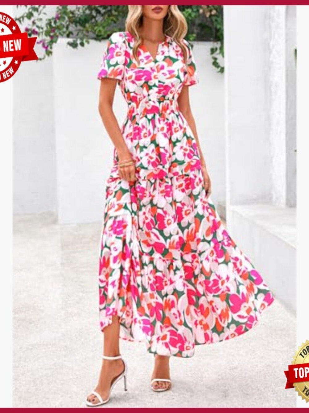 Boho Maxi Dress with Pockets, V-Neck, Tiered Hem, Summer Casual Beach Vacation - Picture 6 of 7